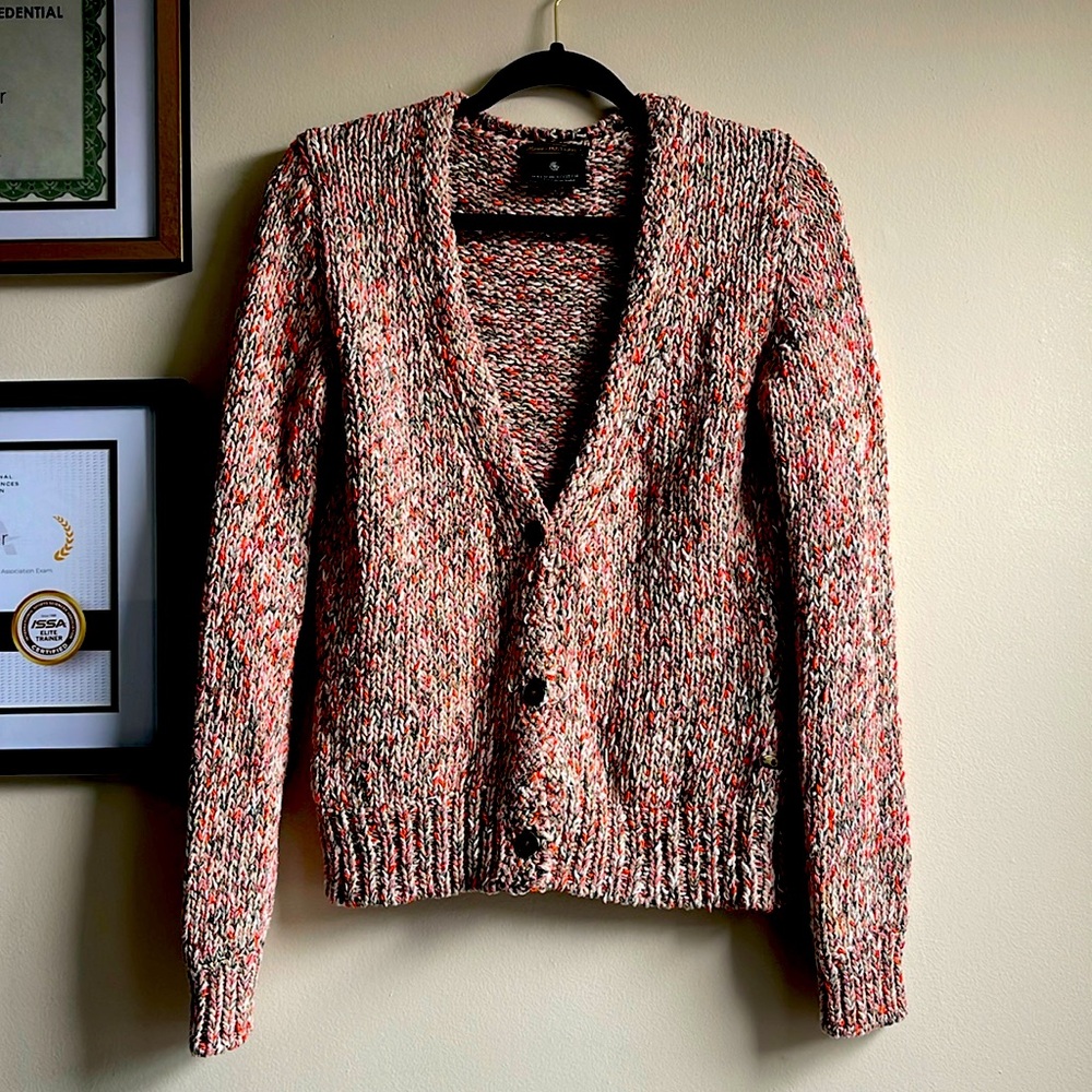 Maison Scotch multi-colored cardigan with gold metallic threads, size 1